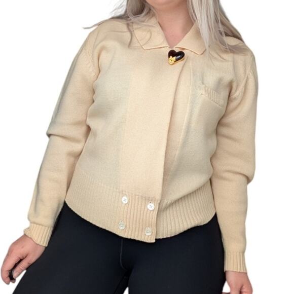 Vintage Nordstrom Merino Wool Collared Deep Cardigan Sweater Button Bottom Cream - Picture 3 of 8